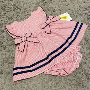 Red seersucker dress and bloomer set 3M